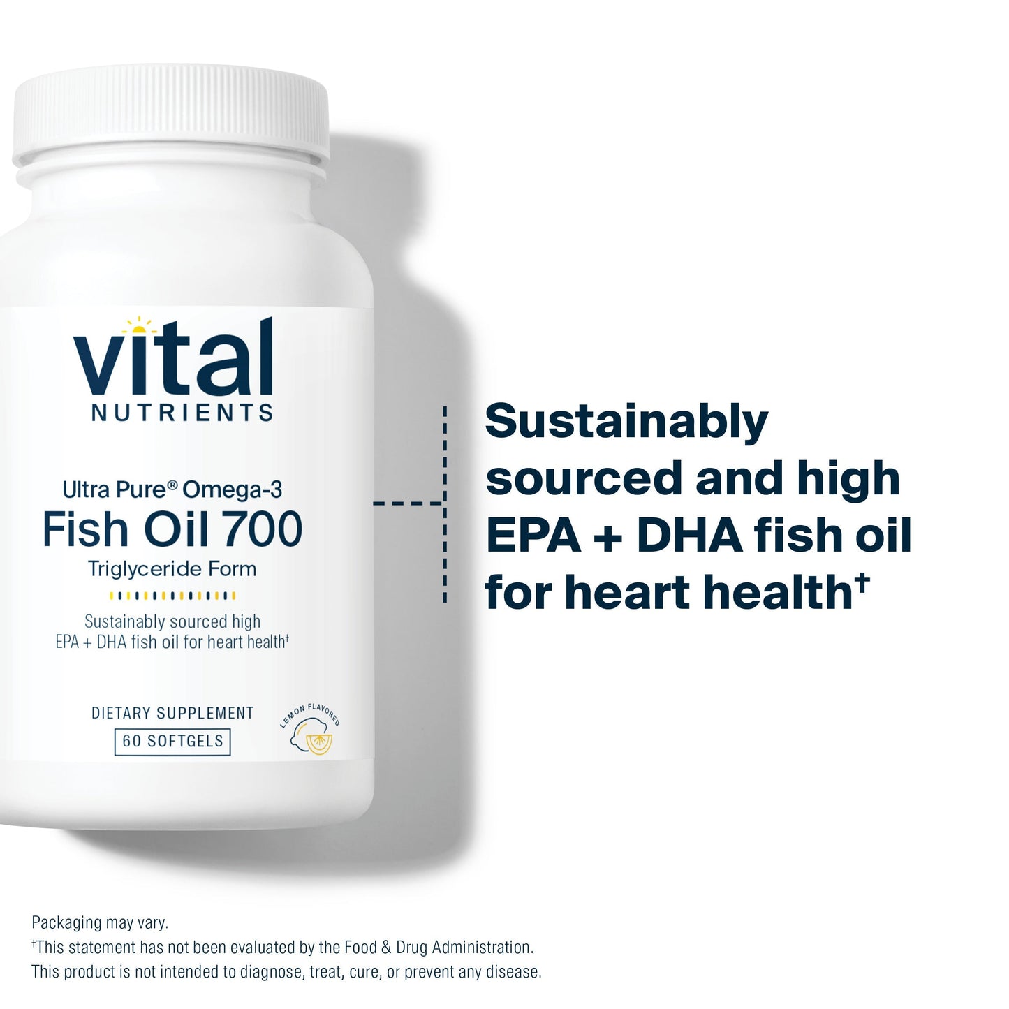A bottle of Vital Nutrients Ultra Pure Omega-3 Fish Oil 700, highlighting its sustainable sourcing and benefits for heart health.