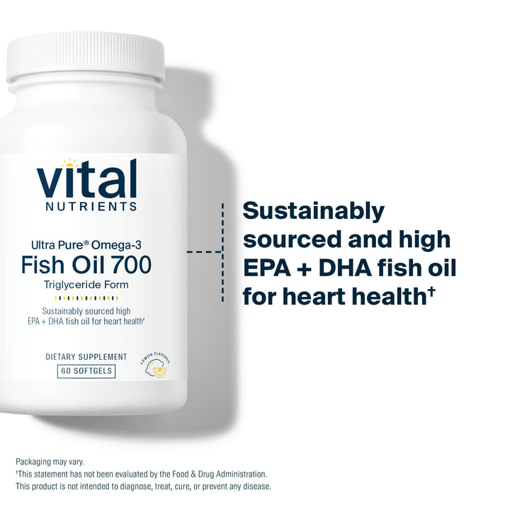 A bottle of Vital Nutrients Ultra Pure Omega-3 Fish Oil 700, highlighting its sustainable sourcing and benefits for heart health.