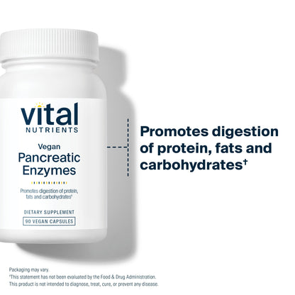 Vital Nutrients Vegan Pancreatic Enzymes promote the digestion of protein, fats and carbohydrates.*