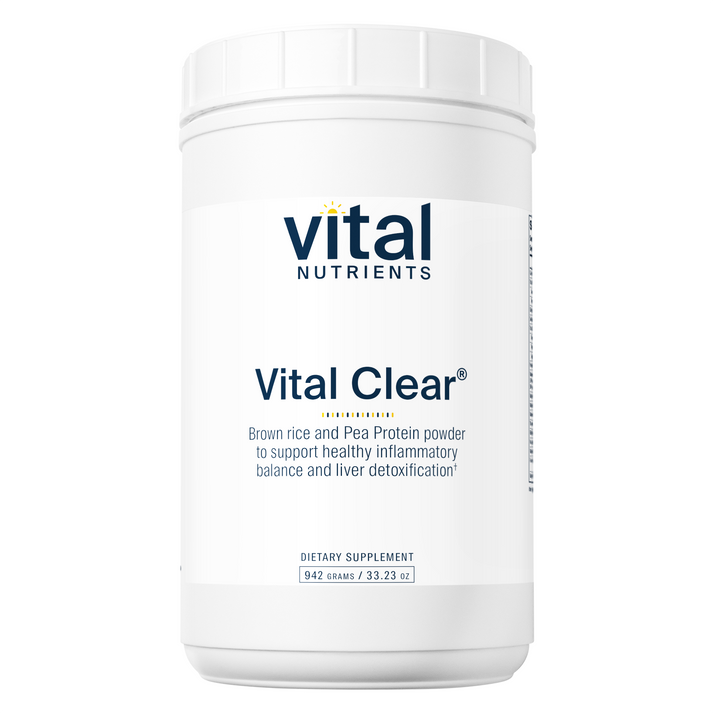 A white container of "Vital Clear" protein powder, labeled as a dietary supplement, featuring brown rice and pea protein for detoxification support.