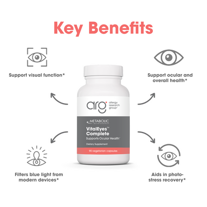 Suggested Use graphic showing VitalEyes Complete bottle beside a curved blue shape on a light background.