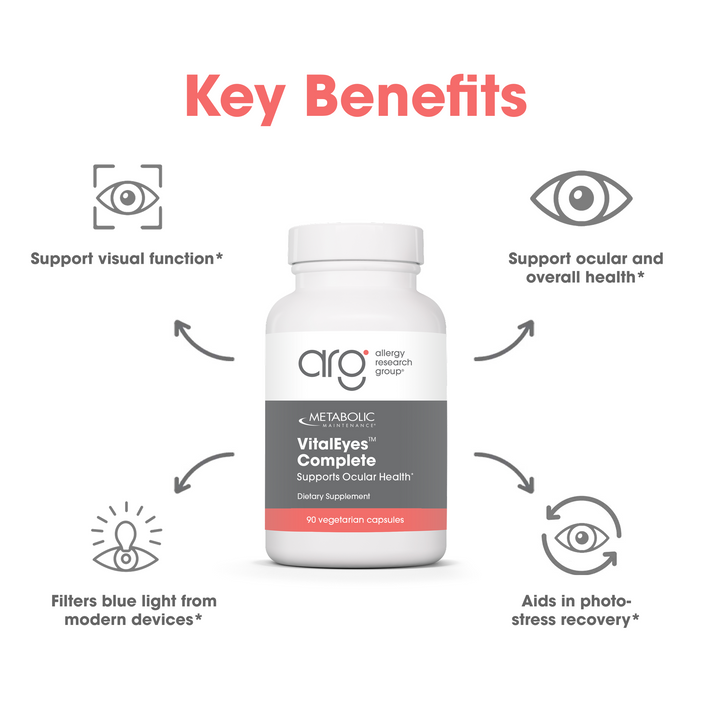 Suggested Use graphic showing VitalEyes Complete bottle beside a curved blue shape on a light background.