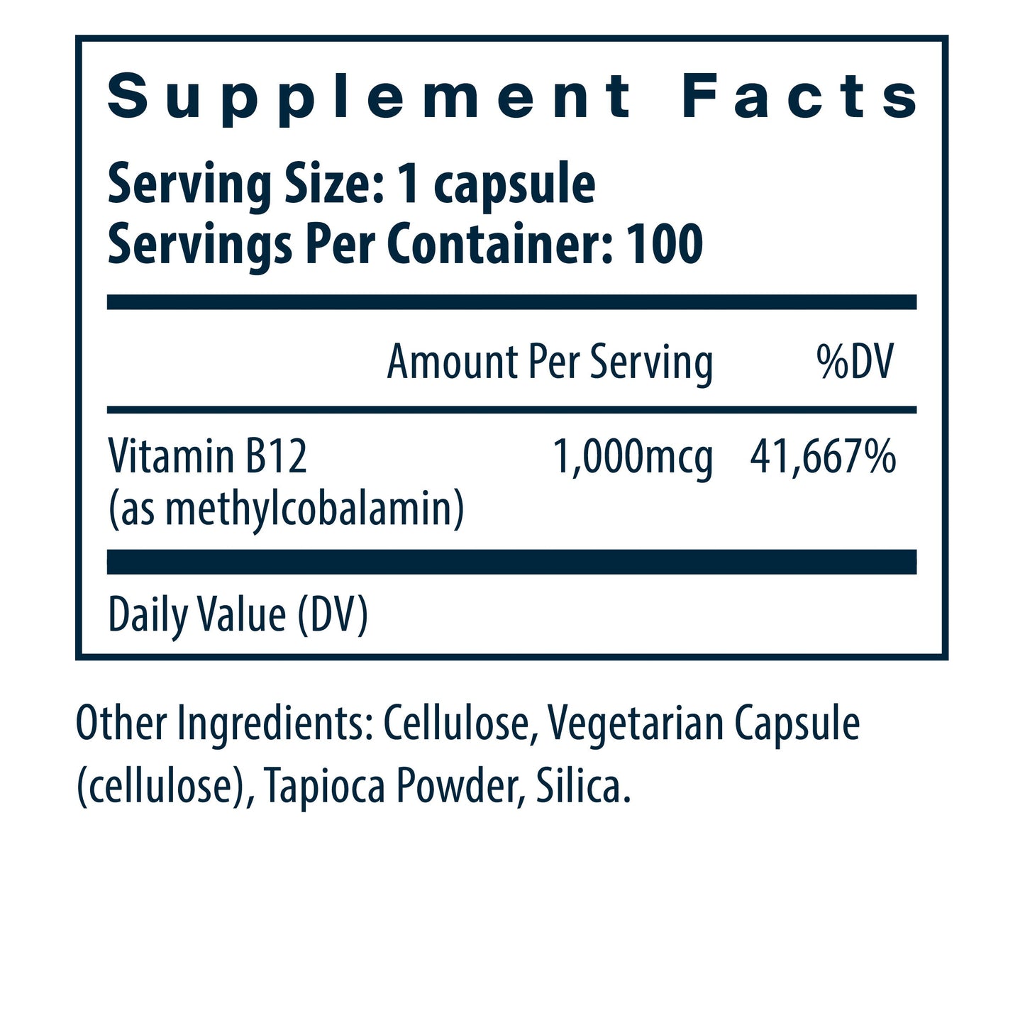 Vital Nutrients Vitamin B12 Supplement ingredients and supplement facts.