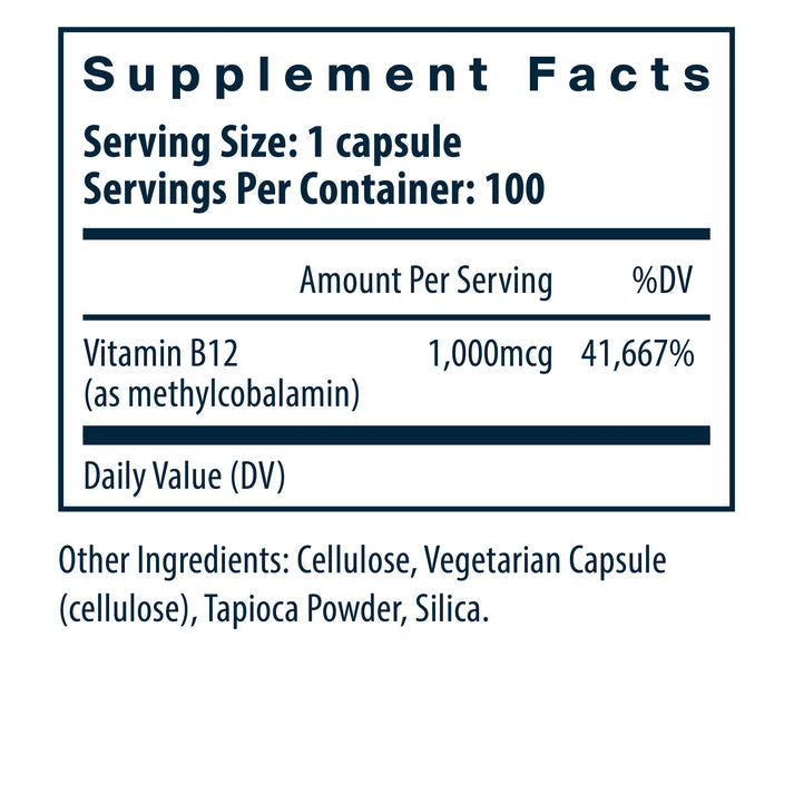 Vital Nutrients Vitamin B12 Supplement ingredients and supplement facts.
