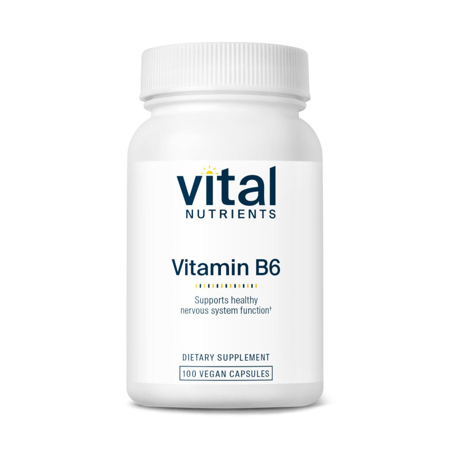 A white bottle labeled "Vital Nutrients Vitamin B6" with 100 vegan capsules, promoting healthy nervous system function.