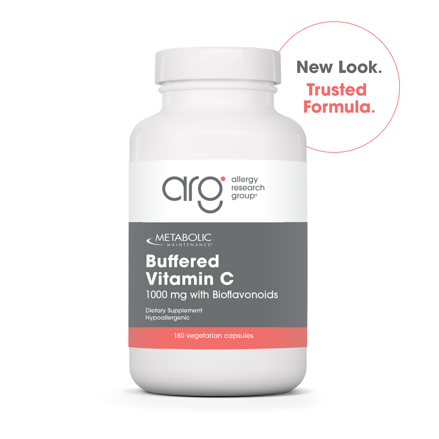Metabolic Maintenance Buffered Vitamin C bottle with New Look Trusted Formula badge