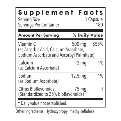 Supplement facts label for Vitamin C 500 mg per serving with calcium sodium and citrus bioflavonoids