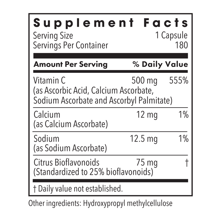 Supplement facts label for Vitamin C 500 mg per serving with calcium sodium and citrus bioflavonoids