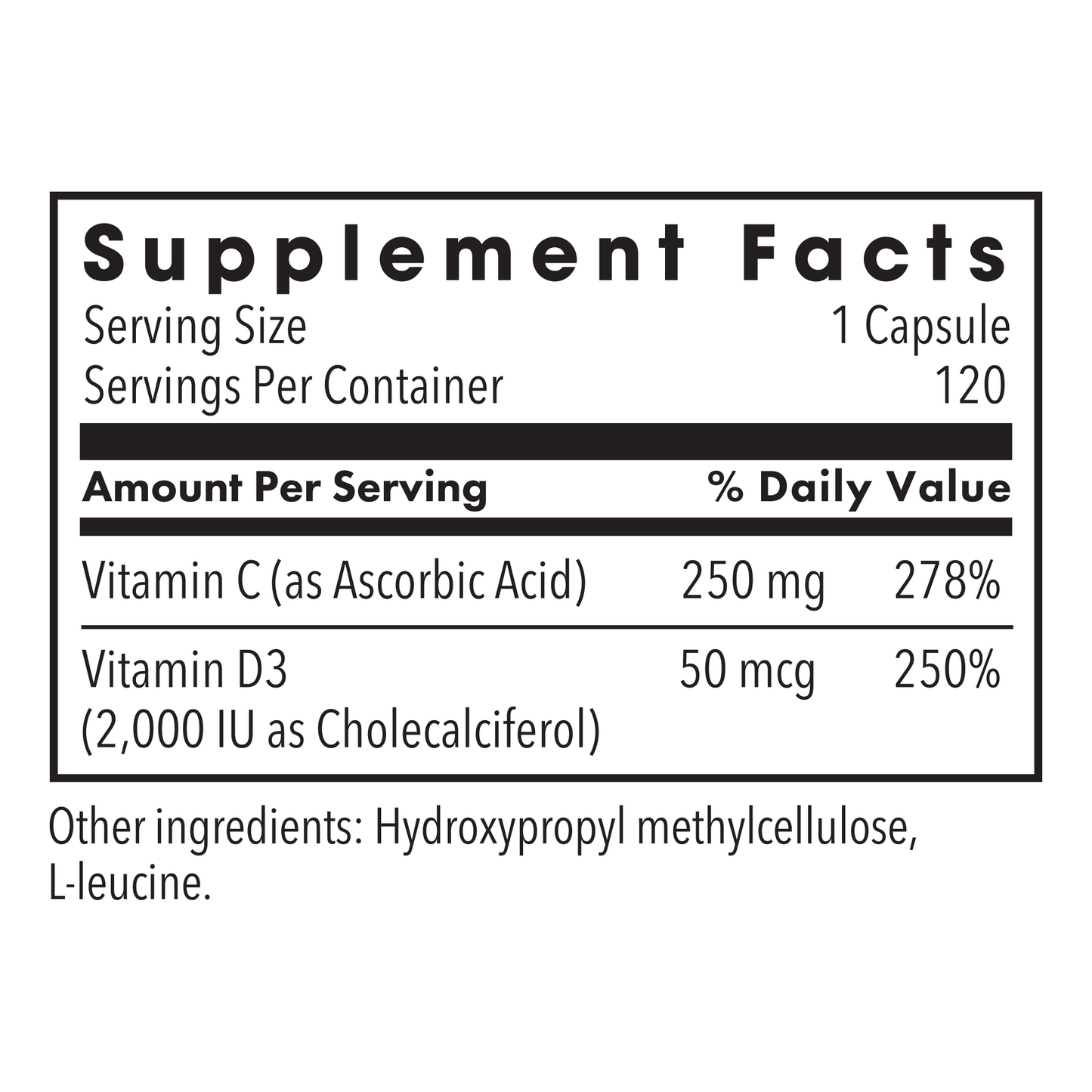 Supplement Facts panel showing Vitamin D3 50 mcg per capsule and serving size one capsule.