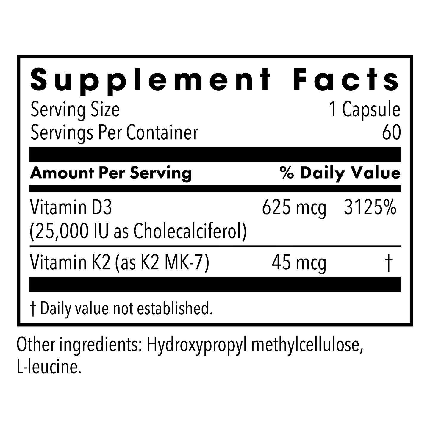 Vitamin D3 Supplement Facts panel showing 625 mcg vitamin D3 (25,000 IU) and 45 mcg vitamin K2 MK-7 per capsule