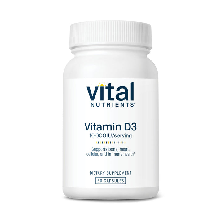 A white bottle of Vital Nutrients Vitamin D3, containing 60 capsules, with 10,000 IU per serving. Supports bone, heart, and immune health.