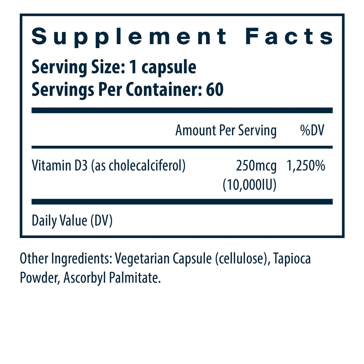 Vital Nutrients Vitamin D3 10,000IU/serving dietary supplement facts.
