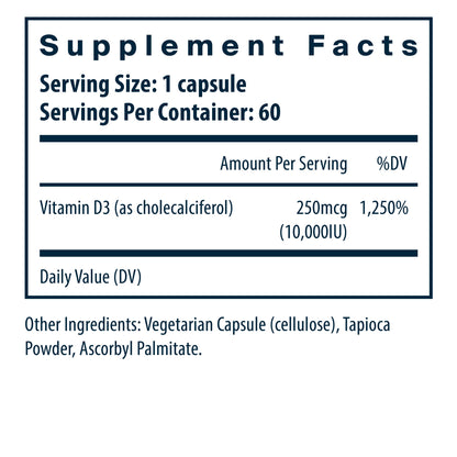 Vital Nutrients Vitamin D3 10,000IU/serving dietary supplement facts.
