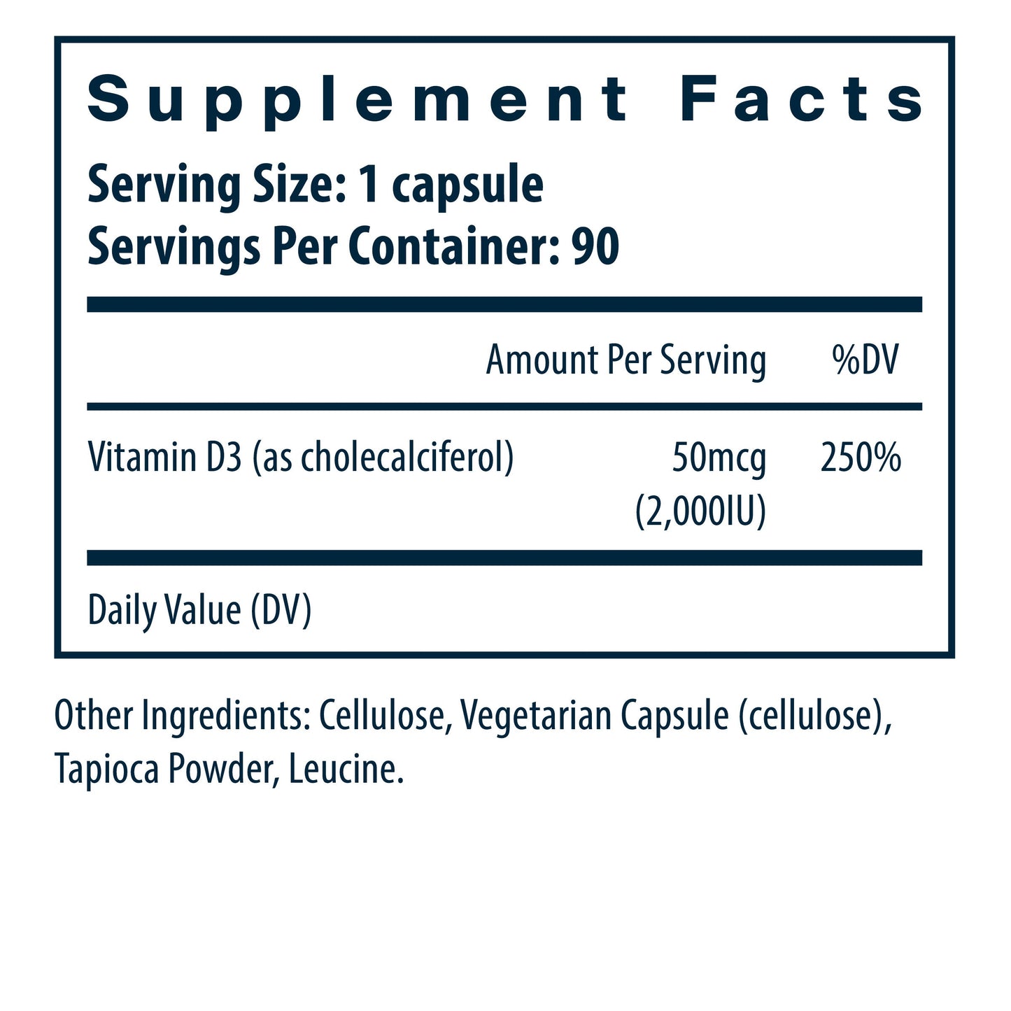 Vital Nutrients Vitamin D3 2,000IU/serving dietary supplement facts.