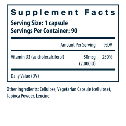 Vital Nutrients Vitamin D3 2,000IU/serving dietary supplement facts.