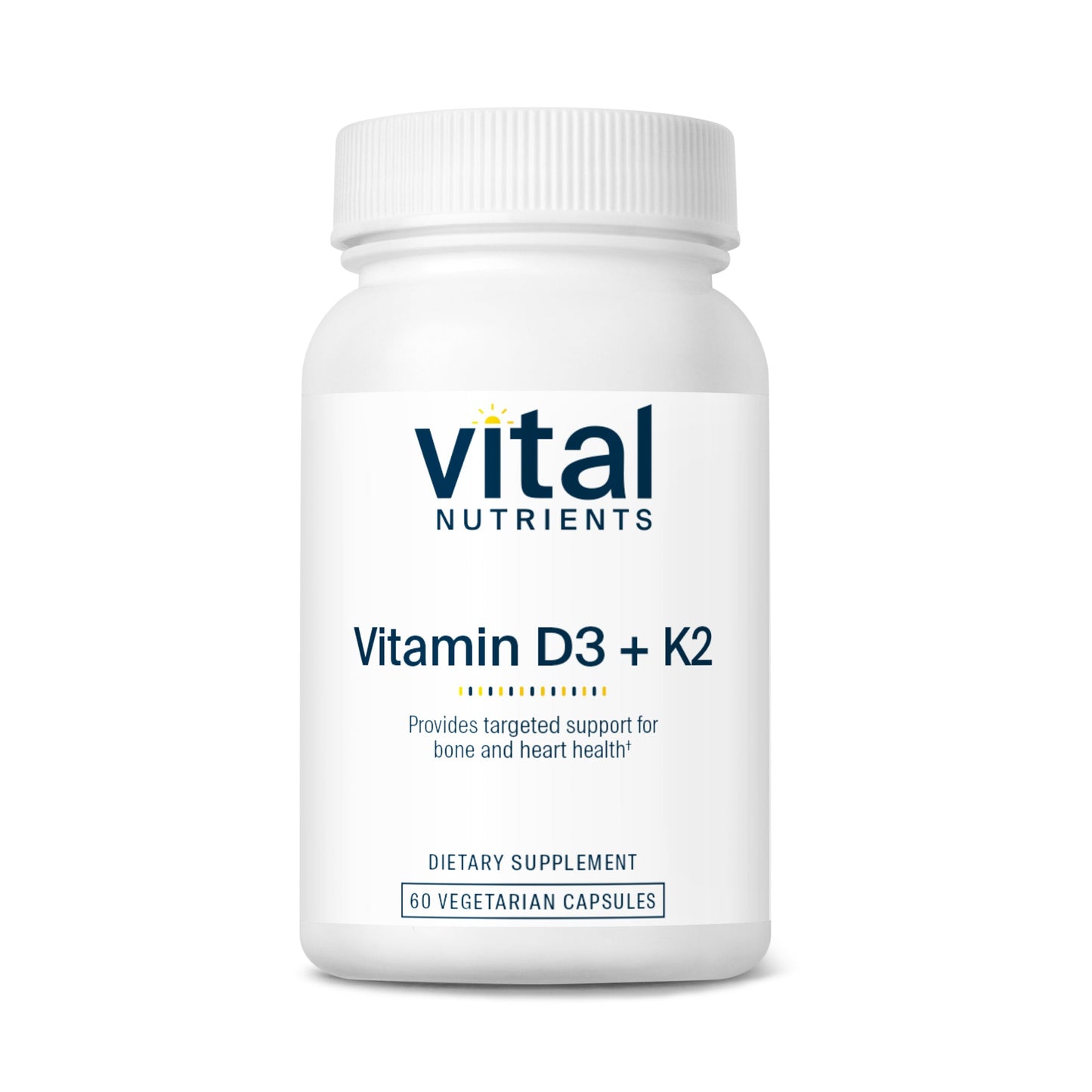 A white bottle labeled "Vital Nutrients" containing Vitamin D3 + K2, with 60 vegetarian capsules for bone and heart health.