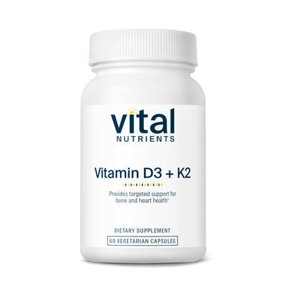 A white bottle labeled "Vital Nutrients" containing Vitamin D3 + K2, with 60 vegetarian capsules for bone and heart health.