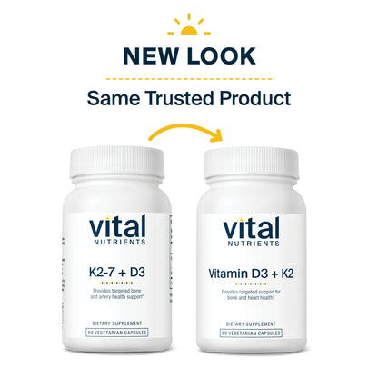 Two bottles of Vital Nutrients supplements with a new design. One is K2-7 + D3, and the other is Vitamin D3 + K2.
