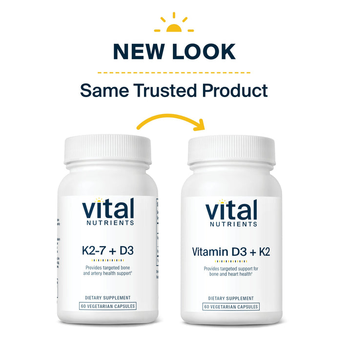 Two bottles of Vital Nutrients supplements with a new design. One is K2-7 + D3, and the other is Vitamin D3 + K2.