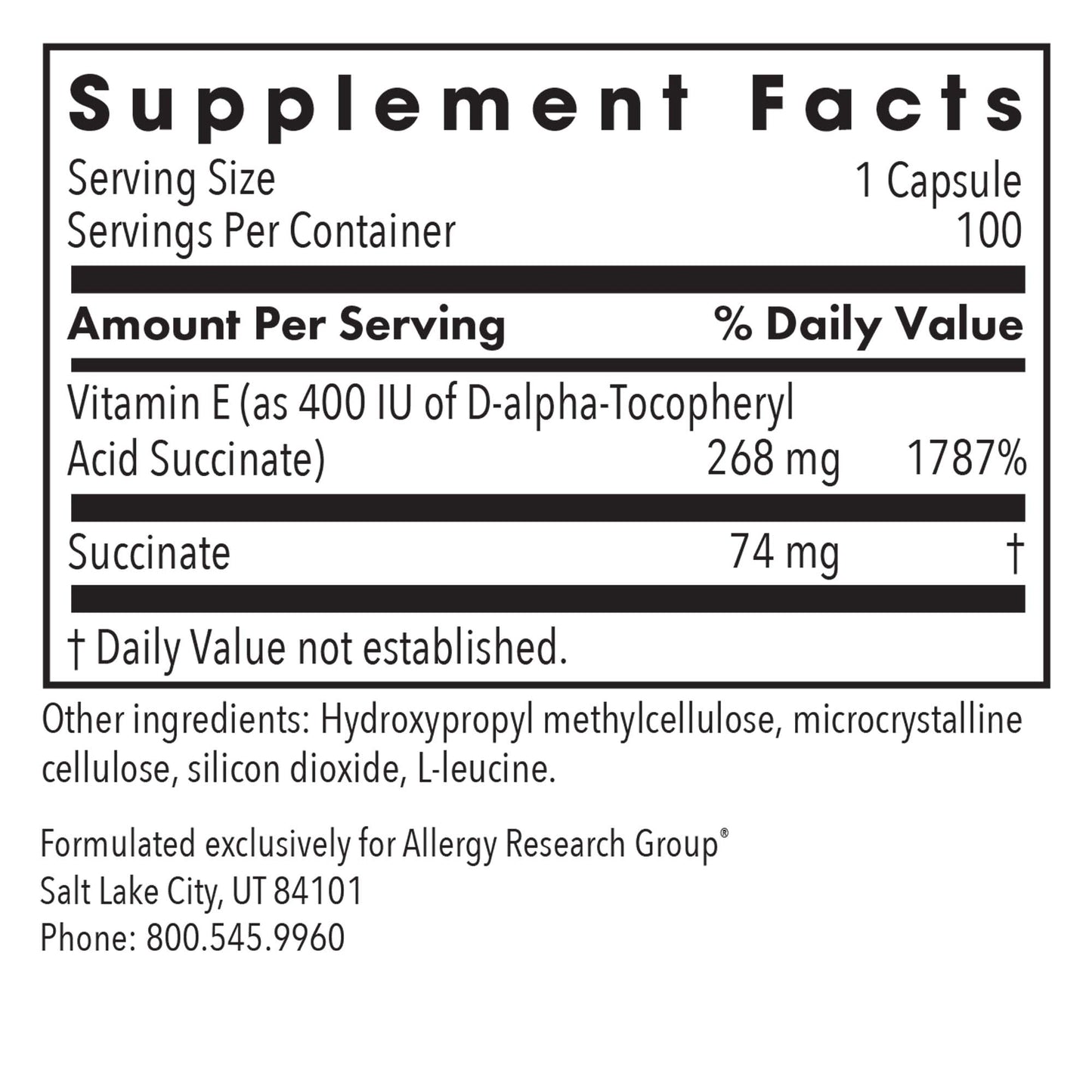 Vitamin E - supplement fact label with Vitamin E and Succionate