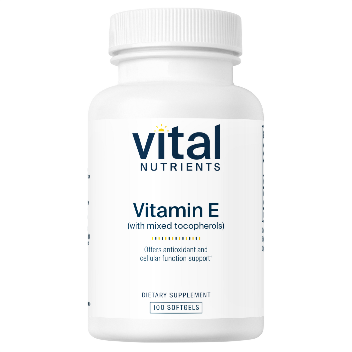 A white bottle of Vitamin E softgels labeled "Vital Nutrients," offering antioxidant and cellular function support. Contains 100 softgels.