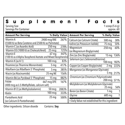 Supplement facts panel for Metabolic Maintenance Vitamin/Mineral Base Powder