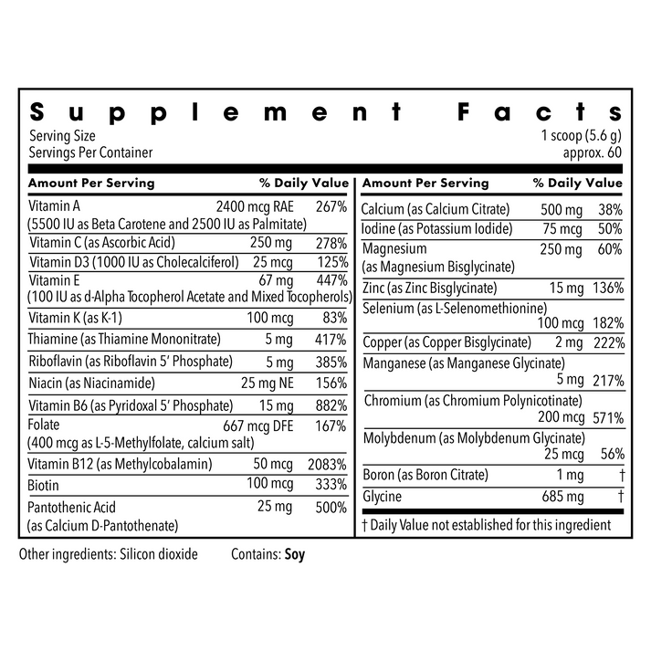 Supplement facts panel for Metabolic Maintenance Vitamin/Mineral Base Powder