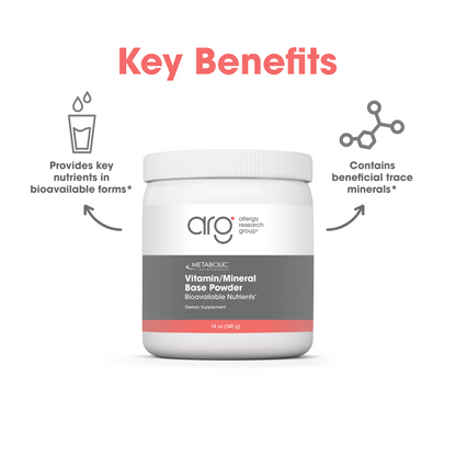 Suggested Use panel showing directions for daily intake beside a Vitamin Mineral Base Powder bottle