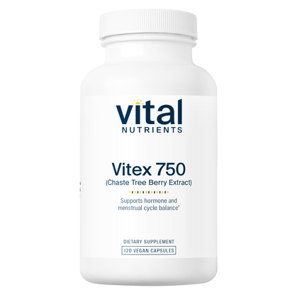 A white bottle labeled "Vitex 750" containing 120 vegan capsules, promoting hormone and menstrual cycle balance.