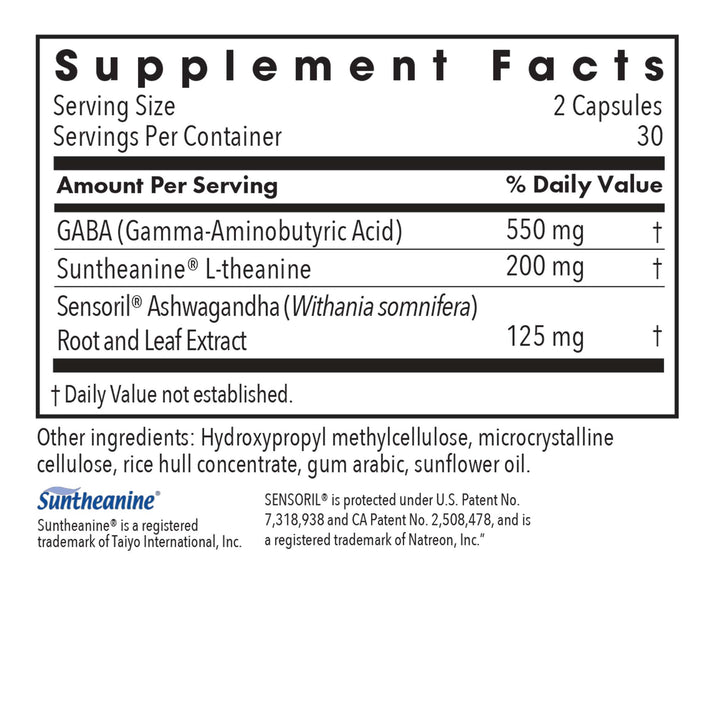 Zen Adapt - supplement fact label wtih GABA, Suntheanine L-theanine and more
