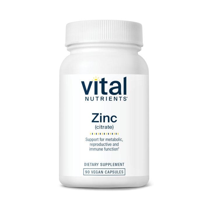 A white bottle of Vital Nutrients Zinc (citrate) dietary supplement, containing 90 vegan capsules, with a label highlighting its benefits.