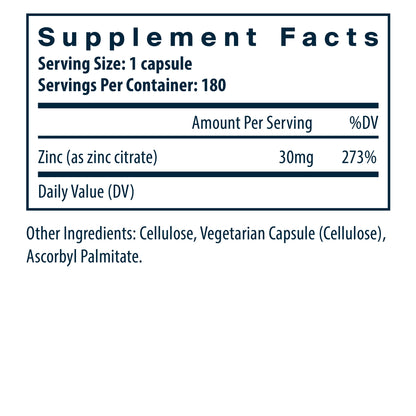 Supplement facts label showing zinc (30mg, 273% DV) per capsule, with additional ingredients listed.