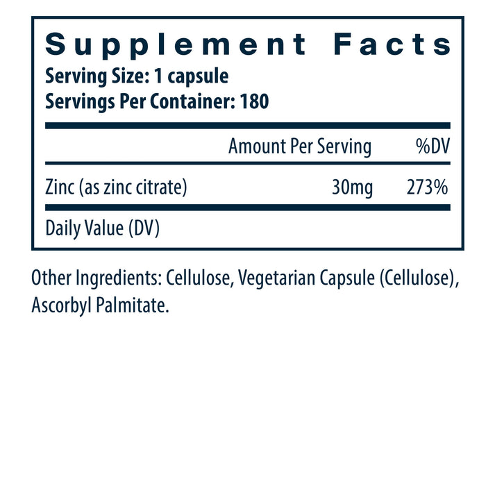 Supplement facts label showing zinc (30mg, 273% DV) per capsule, with additional ingredients listed.