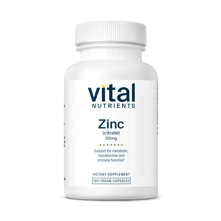 A white bottle of Vital Nutrients Zinc (citrate) containing 180 vegan capsules, labeled with dosage and benefits.