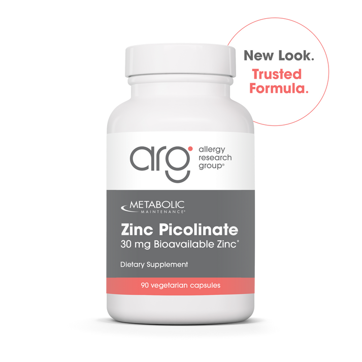 Metabolic Maintenance Zinc Picolinate bottle by ARC allergy research group with New Look Trusted Formula badge and 90 vegetarian capsules